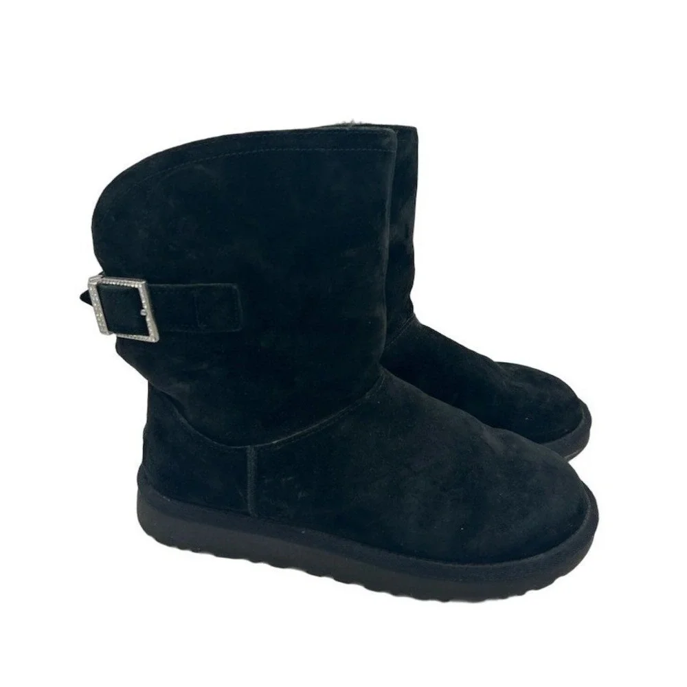 UGG Australia Boots Women's Size 9 Black Suede Rhinestone Buckle Shearling